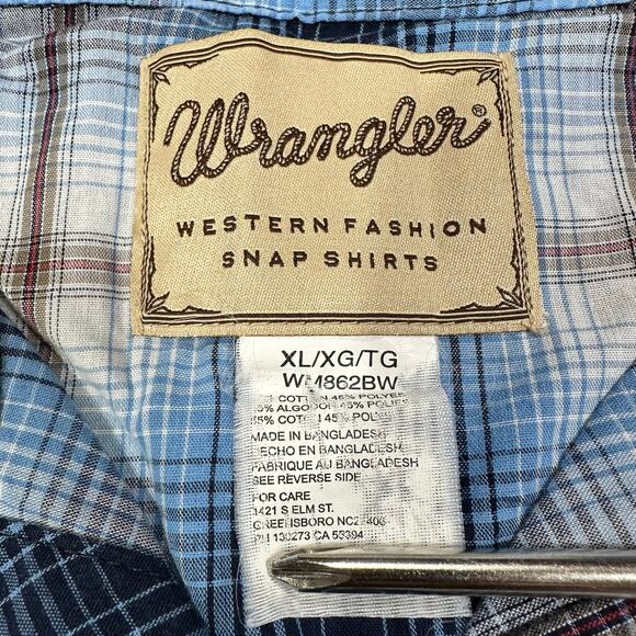 Wrangler Blue Plaid Western Fashion Snap Button Up Short Sleeve Shirt Size XL - Picture 6 of 6